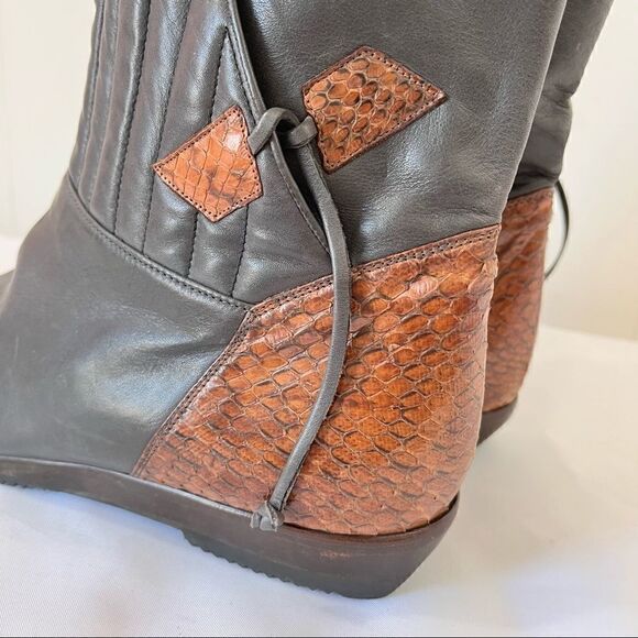 Designer Lorenzo Banfi Quilted Leather Snakeskin Slip On Boot Ankle Brown Sz 8.5 - Picture 3 of 12